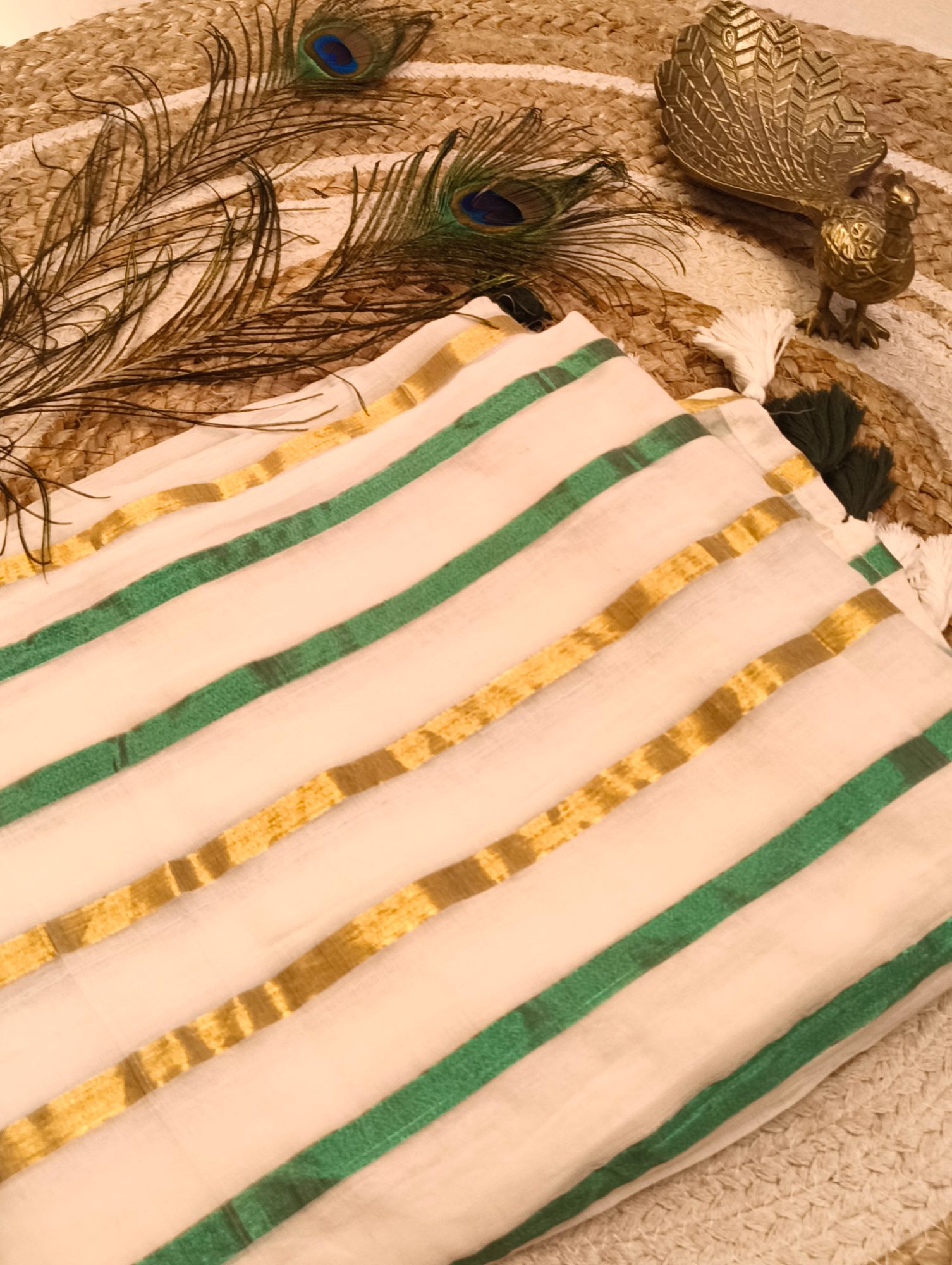 Onam Mul- cotton  Zari and Emerald Green striped 