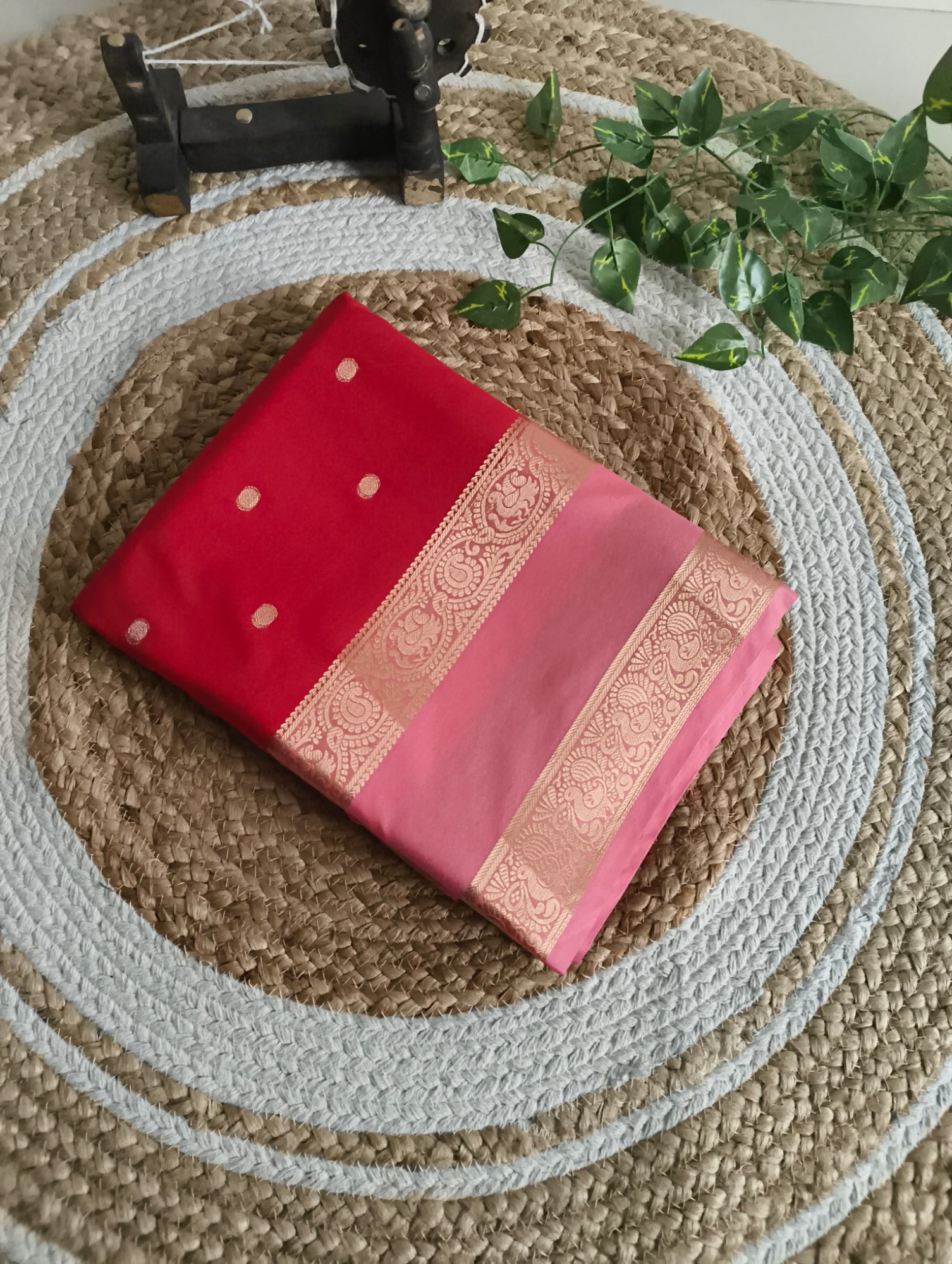 Semi Mysore crepe Silk ( Pink Red ) with mayil buttas