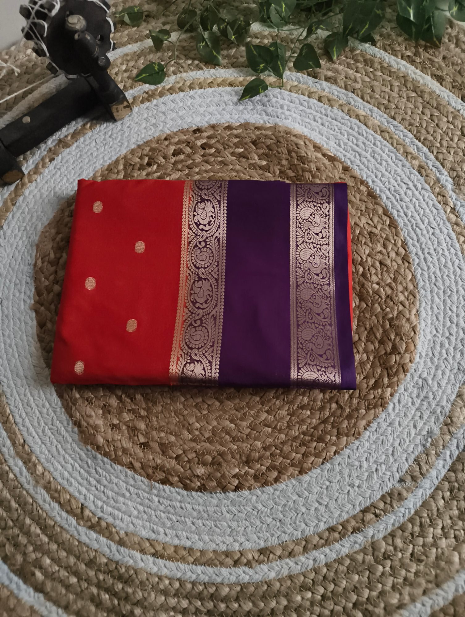 Semi Mysore crepe Silk ( Purple red) with mayil buttas